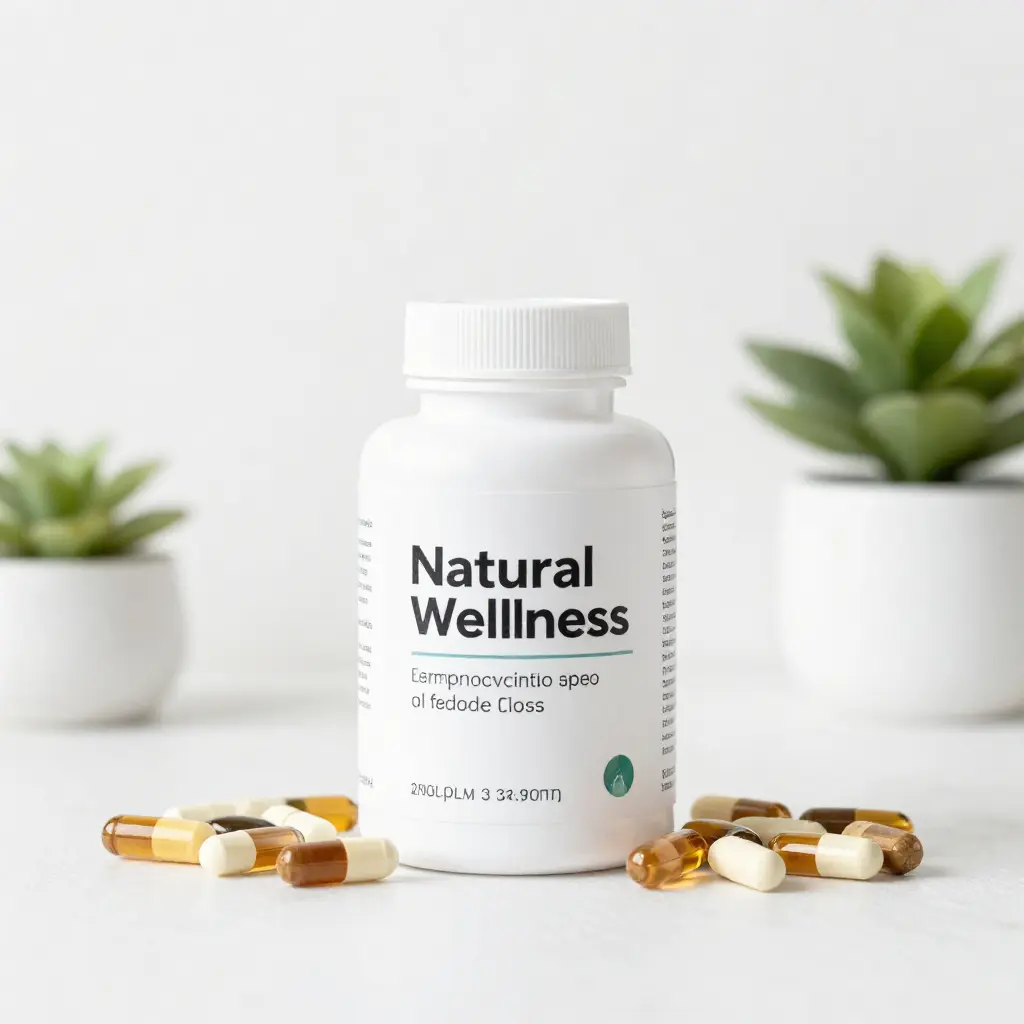 Natural wellness supplements in a clean white setting with green plants